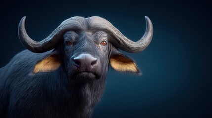 Naklejka premium A striking portrait of a Cape buffalo with impressive horns and intense eyes.