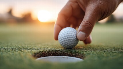 A golfer placing the golf ball on the green at a course during a beautiful sunset.