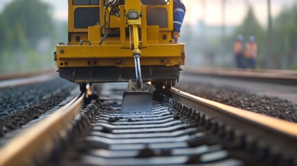 Railroad maintenance action industrial setting equipment close-up construction environment ground-level perspective track repair concept