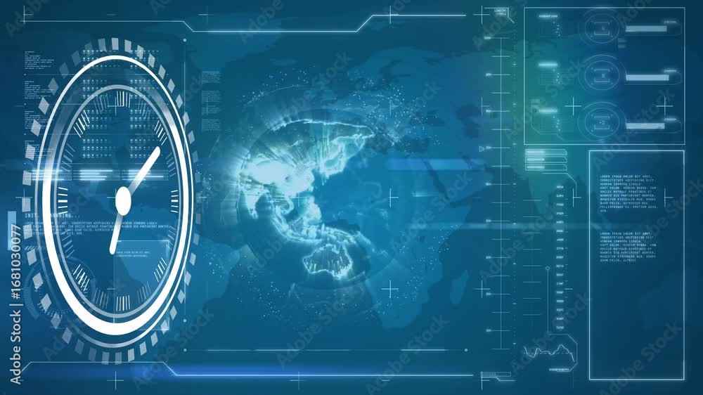 Aufkleber animation of clock moving over world map diverse data and over screen