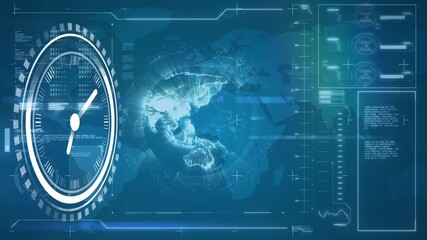 Animation of clock moving over world map diverse data and over screen - Powered by Adobe