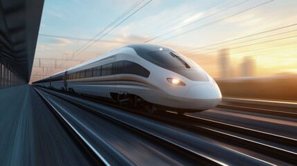High-speed train journey urban landscape digital art sunset dynamic perspective transportation innovation