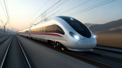 Fototapeta premium High-speed train journey scenic mountains digital art modern transportation aerial view futuristic design for enhanced travel experience