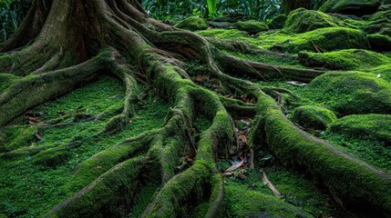 Obraz premium Lush forest floor, moss-covered roots