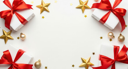 Elegant Christmas Gifts box pattern with Red Ribbons and Golden Stars on a Sparkling White Background. Festive, Holiday, Celebrations, luxury, decorations,  party, Valentine's Day, birthdays. 
