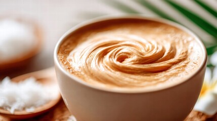 A beautifully swirled coffee with coconut flakes, ready to enjoy your day.