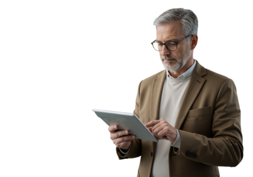 Mature Businessman Engaged with a Digital Tablet Focused and Informed in a Professional Setting PNG