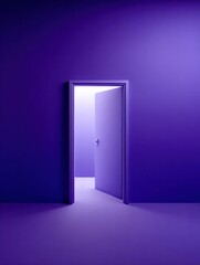 Naklejka premium A minimalist purple interior with an open door creating a bright light.
