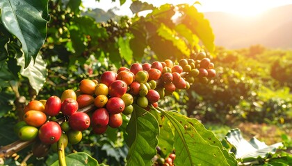 Sunlit coffee cherry branch