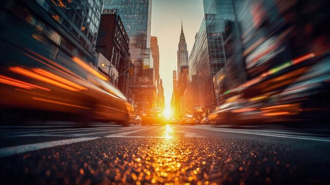 vibrant shot of new york city, capturing motion blur and golden sunset hues.