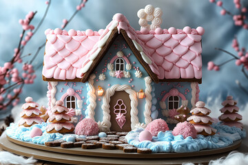 blue gingerbread farmhouse with pink roofing and candy decoration