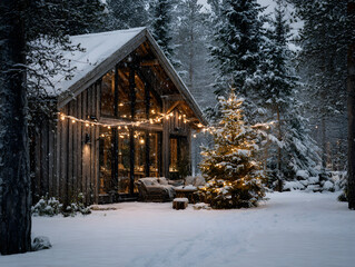 Rustic Wooden Cabin in Snowy Woods with Festive Lights