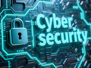 3D illustration of cybersecurity concept featuring a glowing padlock icon and the text "Cyber Security" on a futuristic digital circuit board background. Represents data protection, online safety