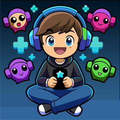 Playful gamer boy sitting with headphones
