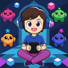 Playful gamer boy sitting with headphones