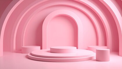 Obraz premium Minimal Pink Geometric Stage: 3D Rendered Arches & Podiums for Product Display Backdrop