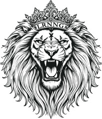 Obraz premium Roaring lion head with ornate crown vector, fierce animal illustration symbolizing strength, royalty and artistic power