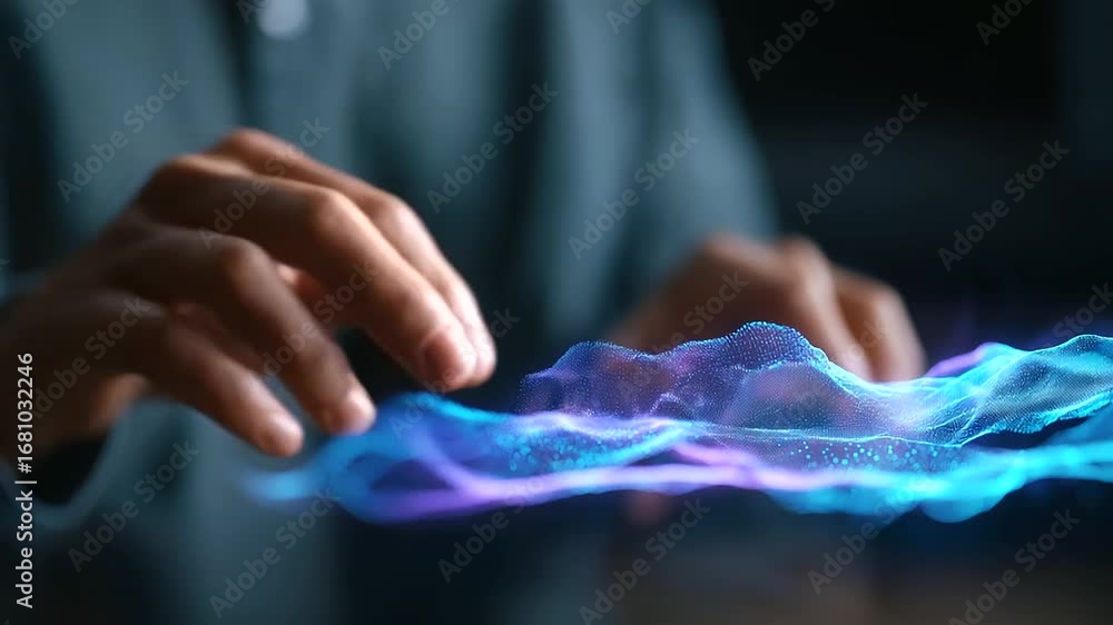 Poster team of professionals works on futuristic ai crafting vibrant visuals on a holographic display., usi