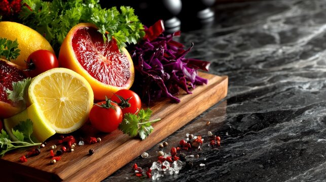 Fresh Citrus Fruits, Tomatoes, and Red Cabbage on Wooden Cutting Board