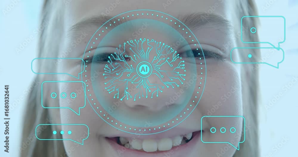 Poster smiling girl in lit room activating ai scan interface and generating chat bubbles for face tracking