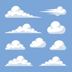 Collection of various white cartoon cloud shapes, including windy and fluffy types, on a bright blue sky background vector illustration