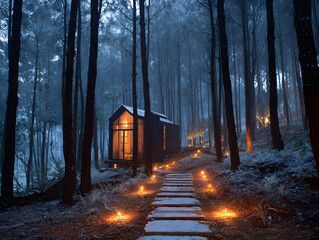 Cabin in Moody Forest Path with Glowing Lights at Dusk