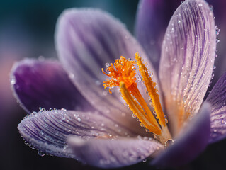 Close-up of a purple flower with dew drops glistening beautifully.