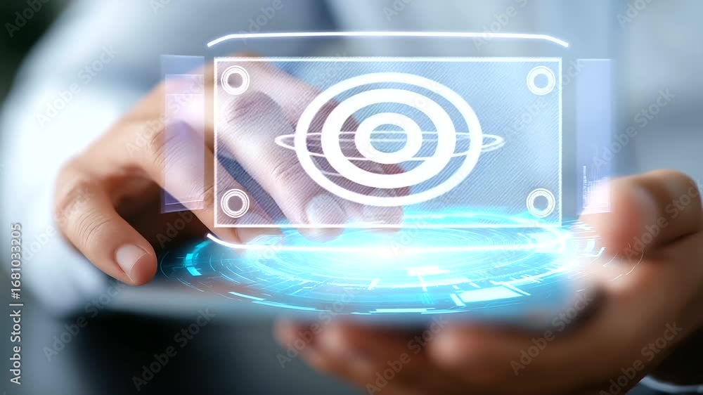 Poster team of professionals modernizes erp systems with holographic interface, using data visuals, touch g