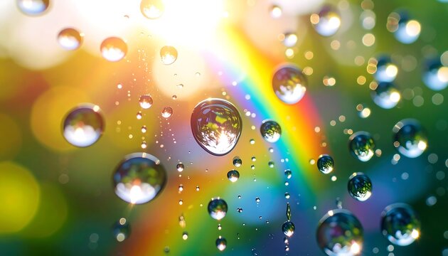 Vibrant Water Droplets Reflecting Rainbow and Sunlight with Bokeh Effect