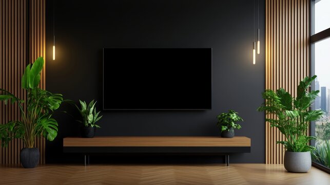 Modern living room design with tv urban apartment interior decoration contemporary environment wide angle view minimalist concept