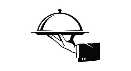 Waiter hand holding covered serving dish with tray silhouette
