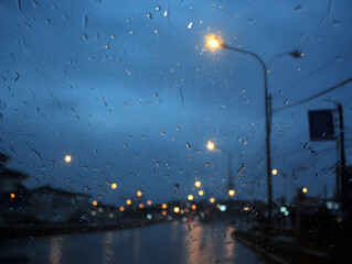 Raindrops on Glass Gloomy Blue Evening Street Scene