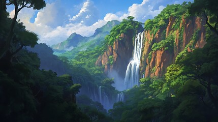 A majestic waterfall cascades down a lush green mountainside, surrounded by vibrant foliage and towering forest trees.