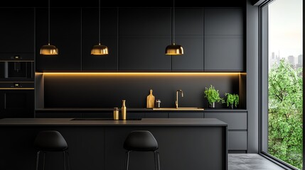 A striking dark modern kitchen featuring matte black cabinets, ambient under-cabinet lighting, and elegant gold fixtures for a cinematic feel.