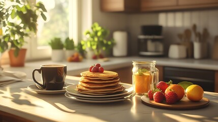 A beautifully styled breakfast setup featuring pancakes, coffee, and fresh fruit on a kitchen island, illuminated by morning sunlight.