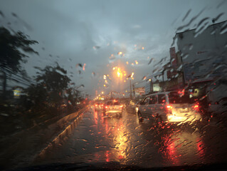 Rainy Urban Street at Night with Cars and Reflections Seen Through Wet Windshield