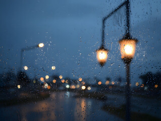 Rainy Evening Cityscape with Streetlights and Bokeh