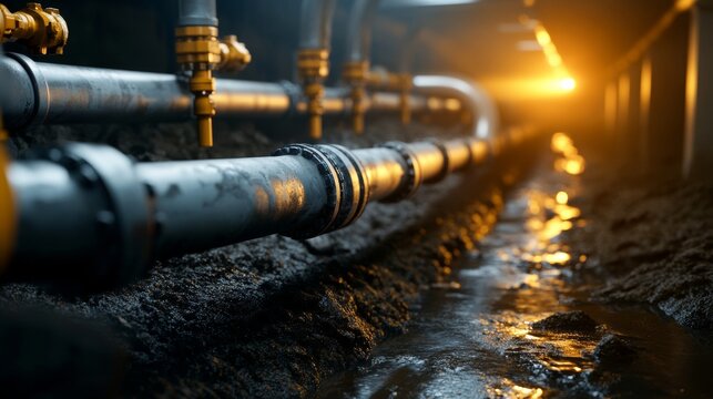 Inspecting industrial pipes and water flow underground sewage system photography dimly lit environment close-up view urban infrastructure