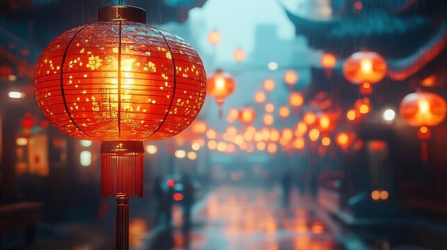 Illuminated chinese lantern in rainy street celebrating traditional culture and festivals