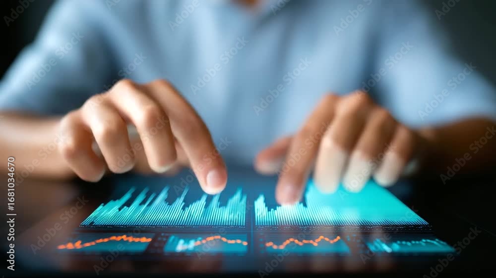 Poster data analysts monitors real-time kpis on business intelligence dashboard, viewing charts, graphs, an