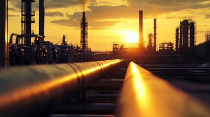Industrial sunset over pipelines oil refinery location landscape photography golden hour aesthetic viewpoint energy production concept for seo impact
