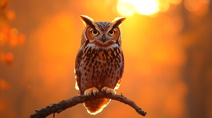 Majestic owl with piercing yellow eyes perches calmly on a branch back lit by the warm radiant glow of a golden sunset in a serene natural setting