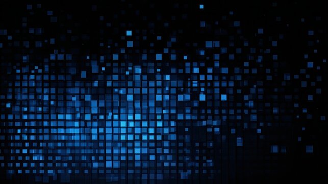Dark background with blue pixel pattern. Vector illustration of abstract bg with geometric square elements grid. digital backdrop with dissolve rectangle dot particle mosaic gradient texture.