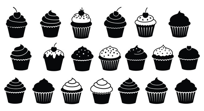 A collection of decorated cupcakes in black and white vector illustration silhouette