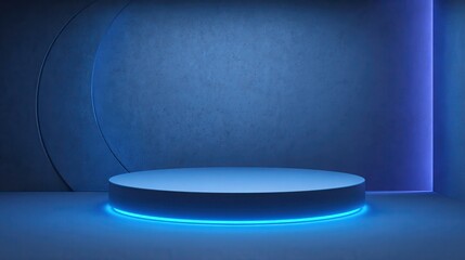 Hologram circular product display podium in room with blue floor and wall, neon glow line decorative elements. Realistic vector studio pedestal mock up for goods promotion showcase and presentation
