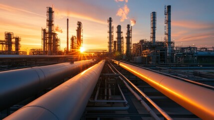 Sunset industrial scene oil refinery photography urban environment perspective from ground level energy production and sustainability