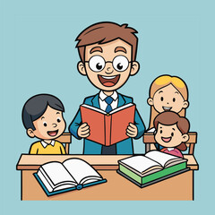 School kids studying with teacher