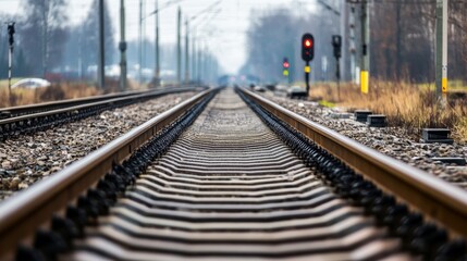 Fototapeta premium Train tracks stretching into the horizon urban area landscape photography overcast environment low angle viewpoint journey concept