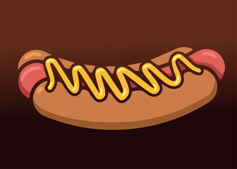 Realistic Hot Dog with Mustard in Cartoon Style. A delicious cartoon-style illustration of a hot dog with mustard on a brown background, emphasizing fast food culture.