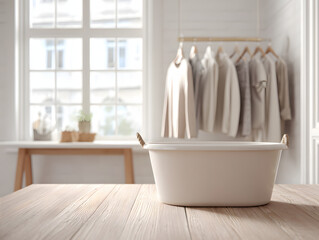 Beige Tub on Wooden Table in Bright Airy Laundry Room